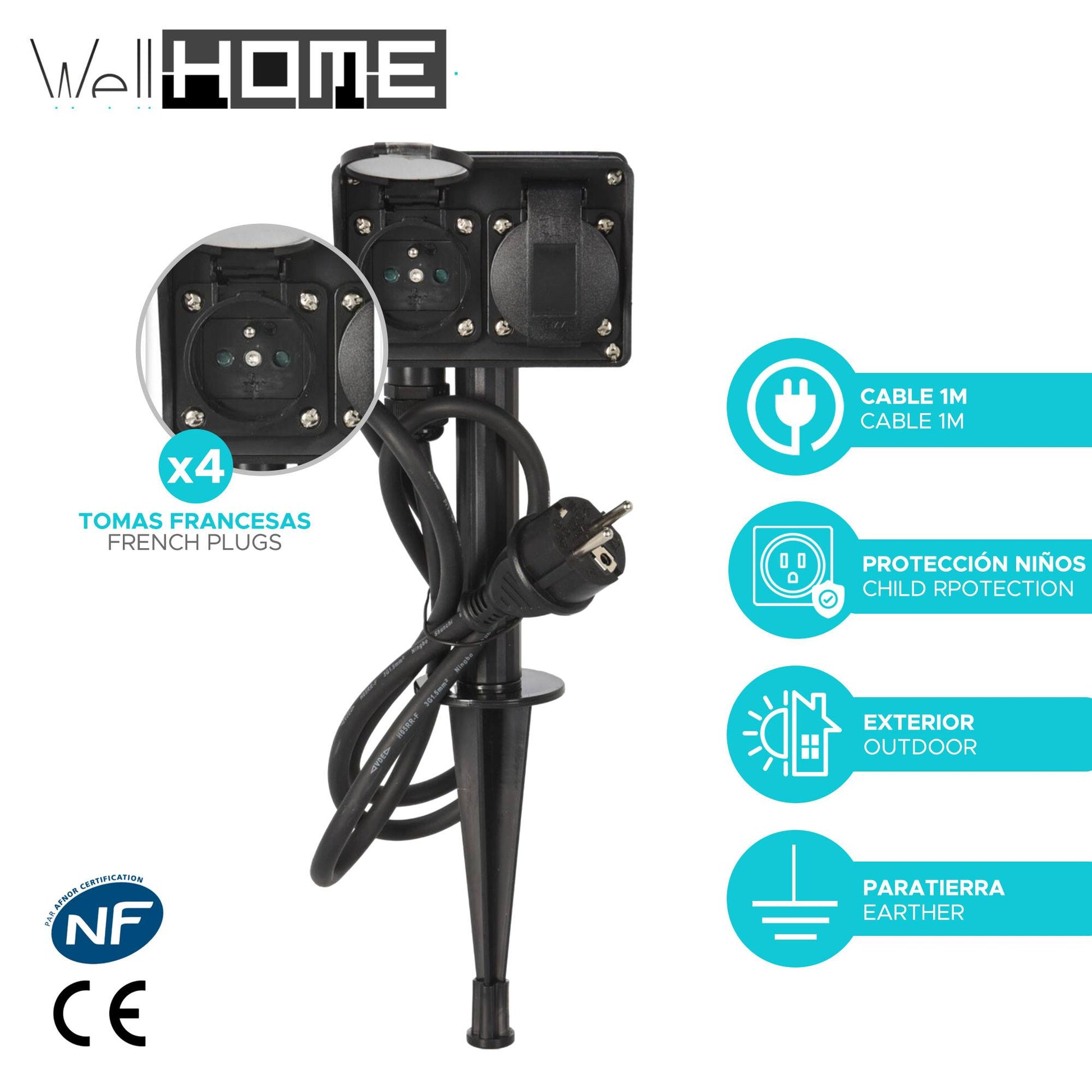 Well Home Estaca De Jardín Con 2+2 Tomas Francesas Para Exterior Con Cable De 1,5m_1