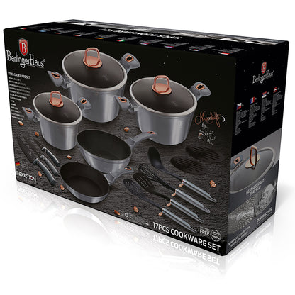 Batería Cocina Inducción 17 Piezas, Antiadherente Mármol Sin Pfoa, Aluminio, Cazuelas Sartenes Berlinger Haus Moonlight Gris_2