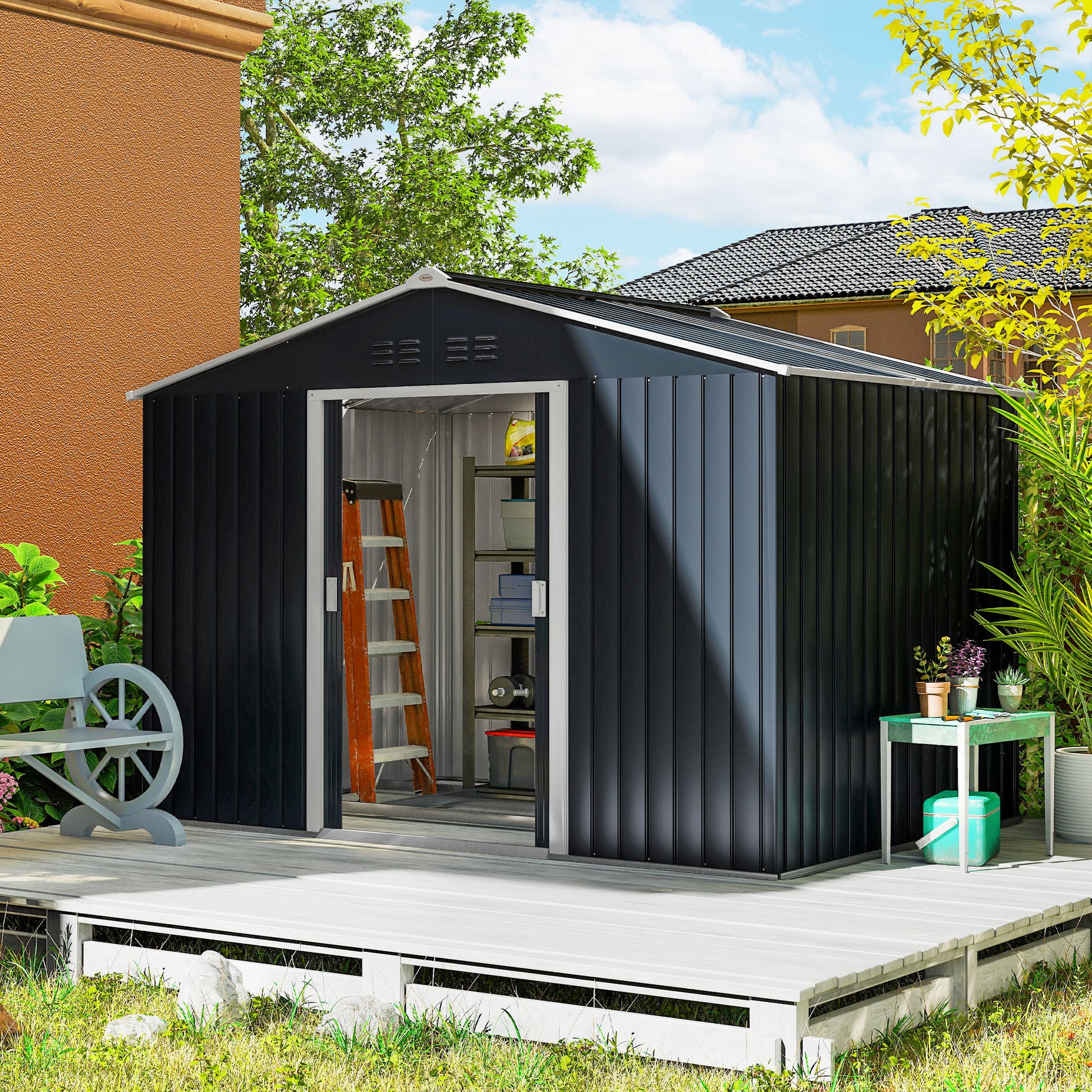Outsunny Caseta De Jardín De Exterior 4,9 M² 277x195x192 Cm Gris Oscuro_1