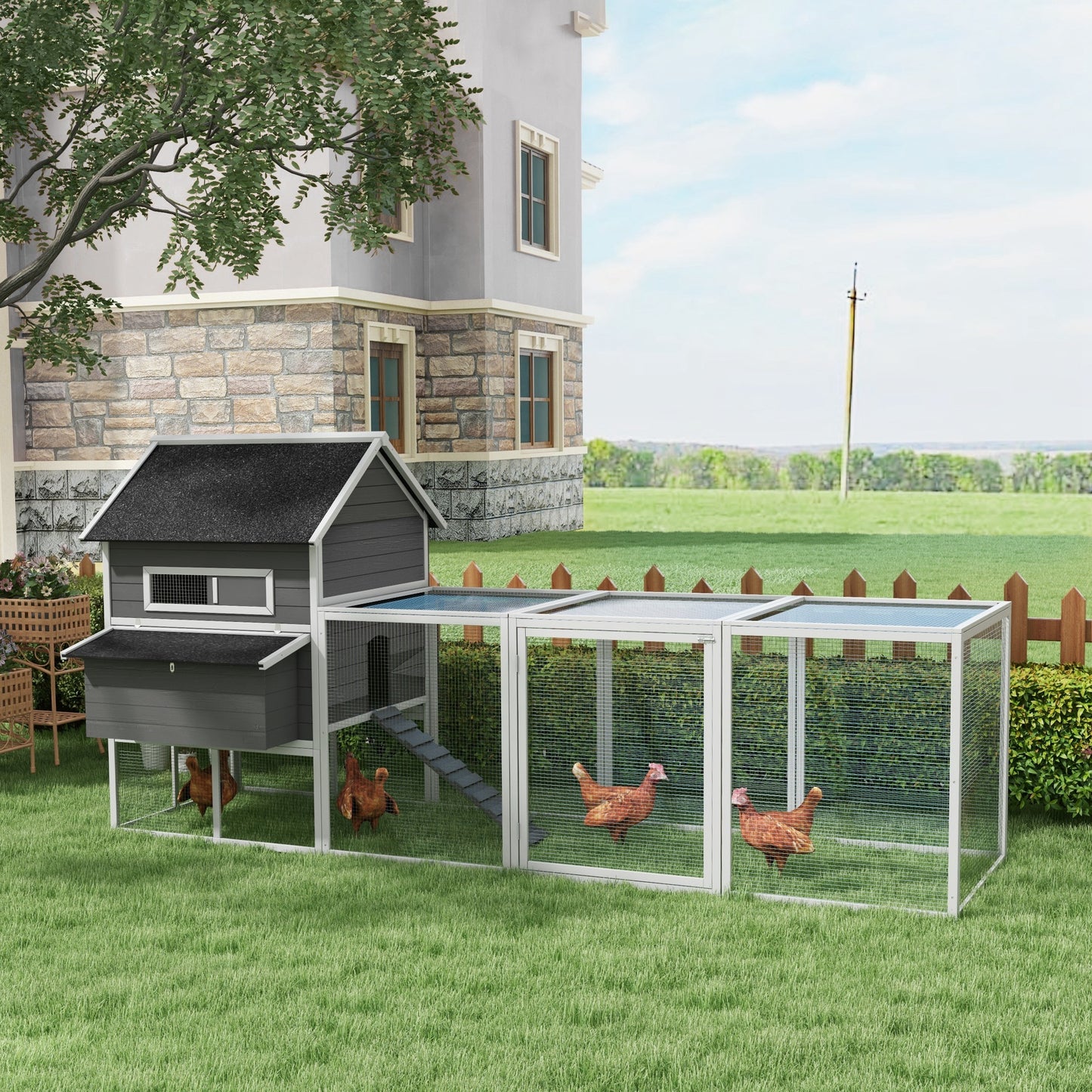 Pawhut Gallinero Para Exterior Con 2 Nidos Techo Asfáltico 347x160x150 Cm Gris_1