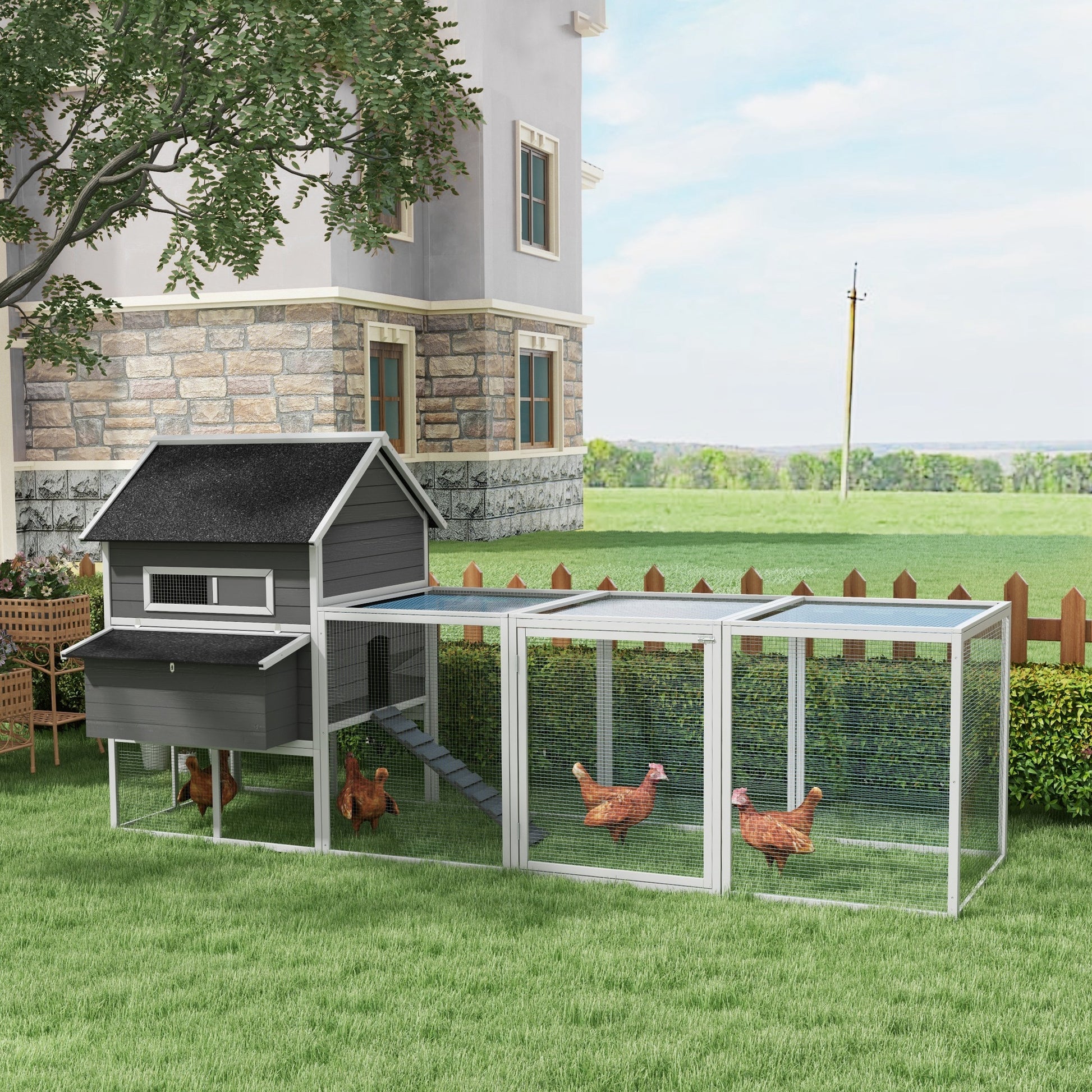 Pawhut Gallinero Para Exterior Con 2 Nidos Techo Asfáltico 347x160x150 Cm Gris_1