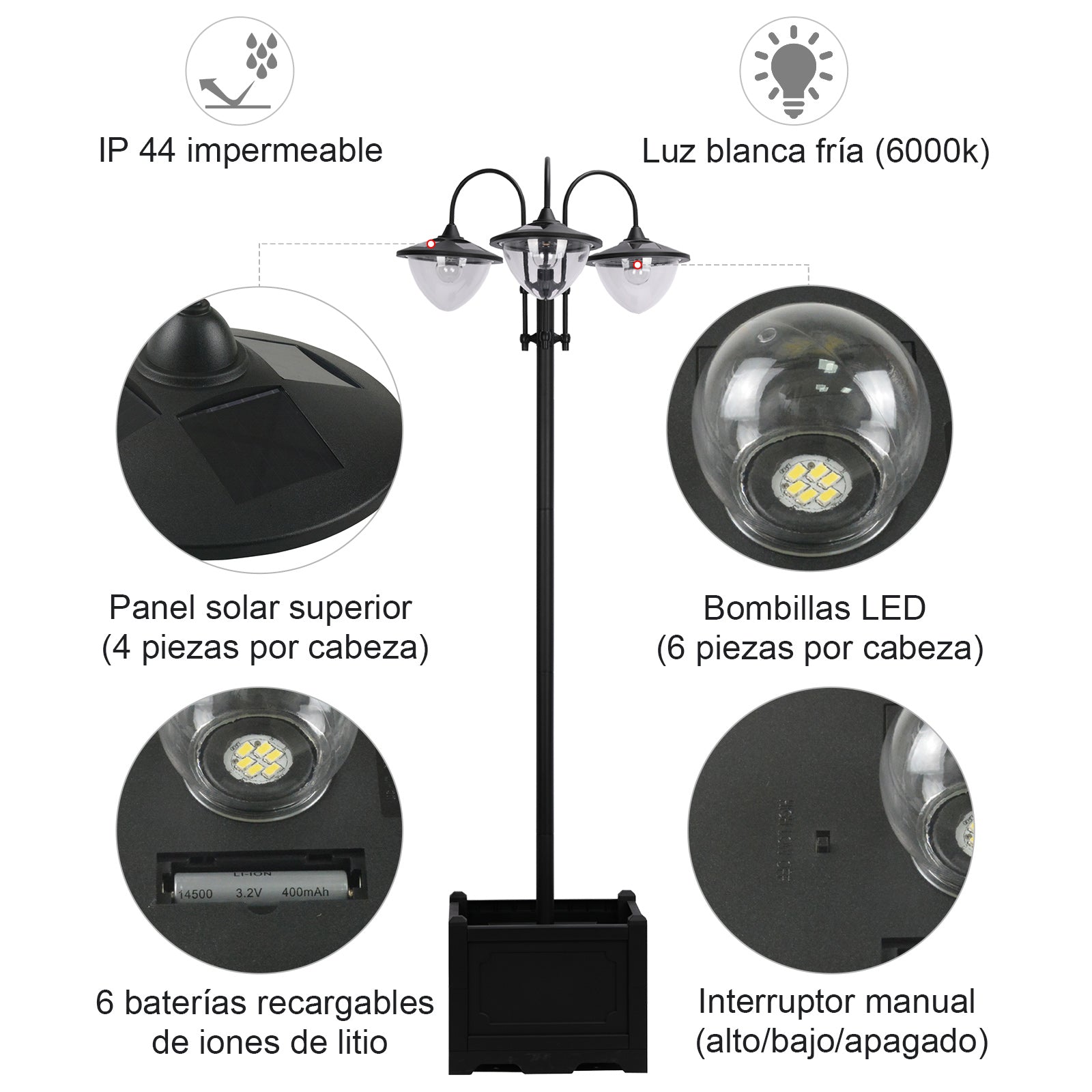 Outsunny Farol Solar De Jardín 189 Cm Con 18 Luces Led Blanca Fría 6000k Ip44_5