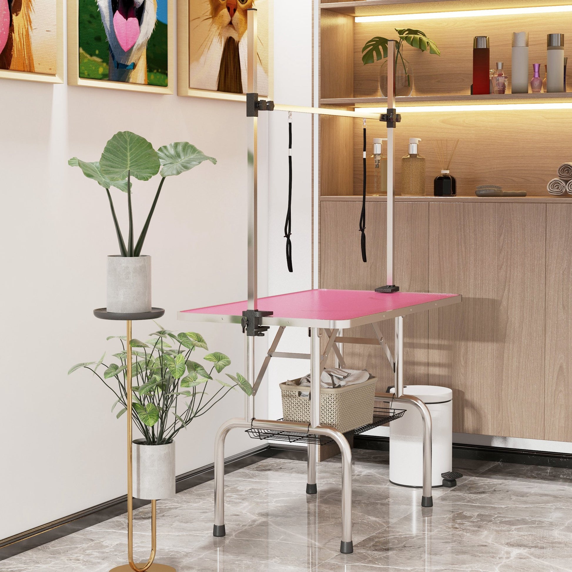 Pawhut Mesa De Peluquería Canina Plegable Con Cesta Metálica 107x60x164 Cm Rosa_1