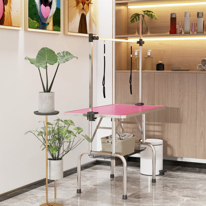 Pawhut Mesa De Peluquería Canina Plegable Con Cesta Metálica 107x60x164 Cm Rosa_1