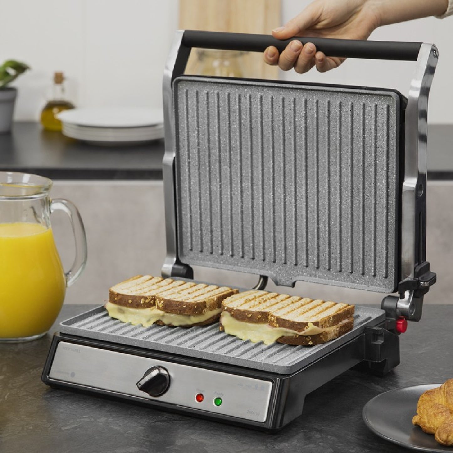 Parrilla Eléctrica Rock?ngrill 2400 Ultrarapid De 2400w De Potencia, Revestimiento De Piedra Rockstone, Apertura De 180º Y Placa Superior Flotante._4