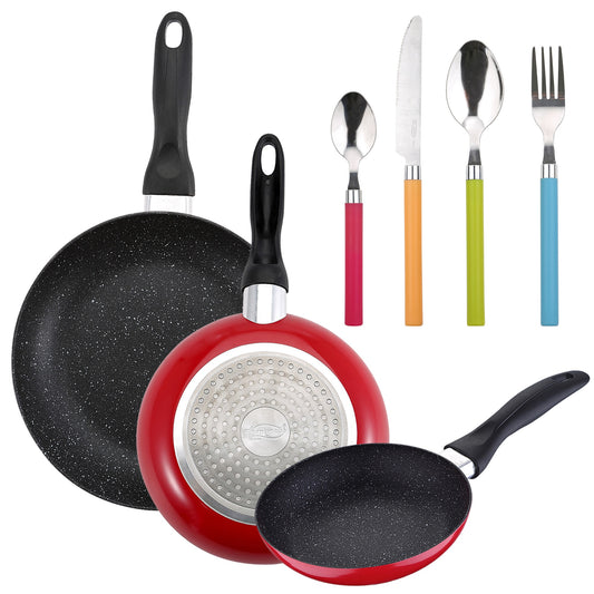 Pack De 3 Sartenes San Ignacio Ø16cm Ø20cm Ø24cm + Set De 24pc Cubertería En Acero Inoxidable Con Mangos De Multicolor_0