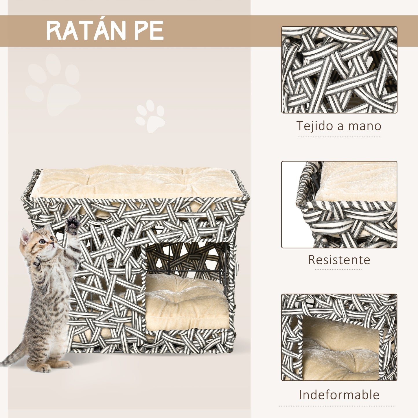 Pawhut Cesta De Ratán Para Gatos 2 Pisos Con 2 Cojines Estructura De Metal_5