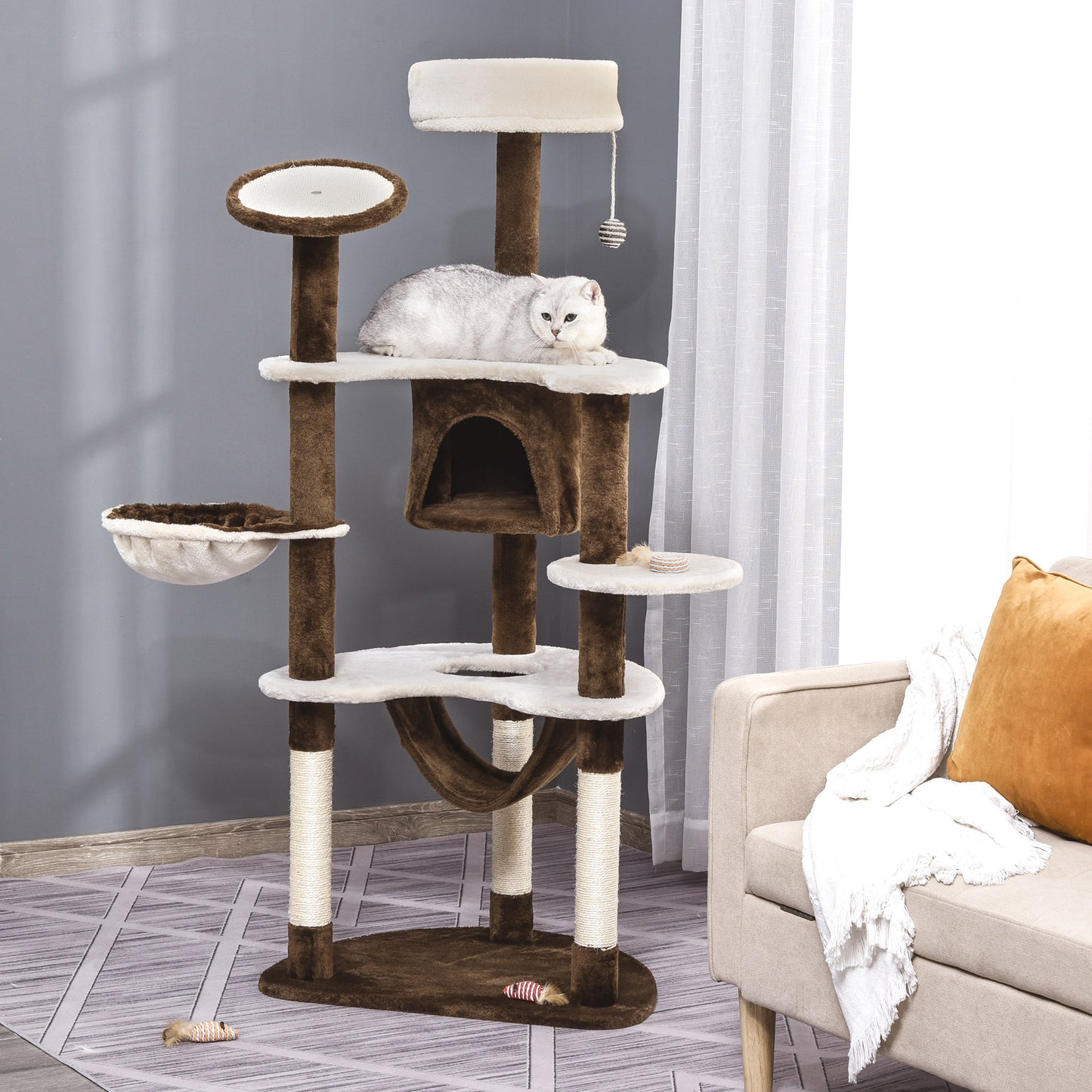 Pawhut Árbol Rascador Para Gatos Grande 65x50x153 Cm Con Hamaca Marrón_1