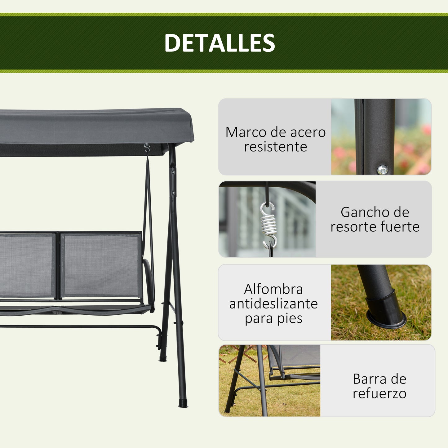Outsunny Columpio Jardín 2 Plazas Techo Ajustable Asientos Textilene Gris Oscuro_5
