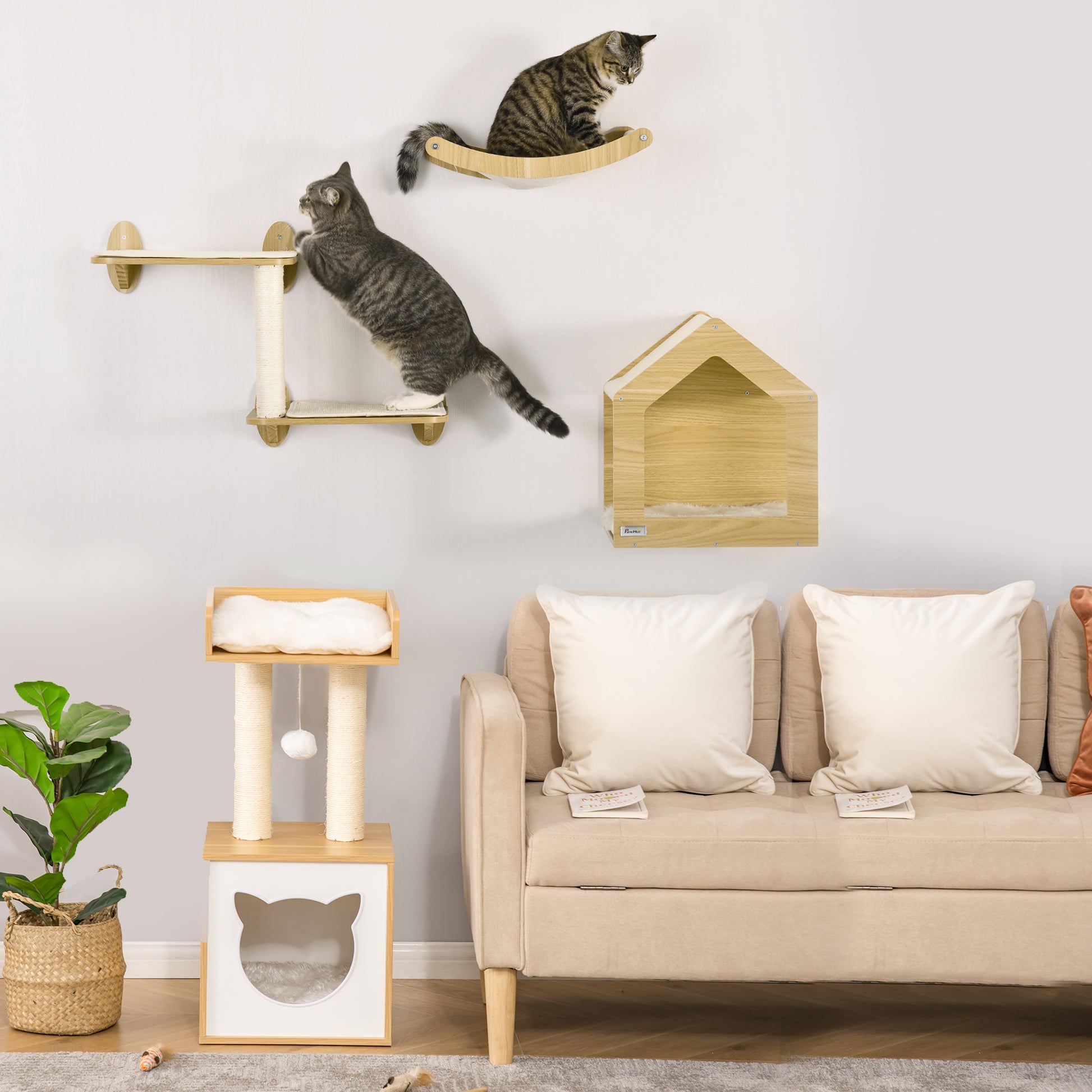 Pawhut Conjunto De Casa Para Gatos Y Estantes Para Gatos 35x35x81 Cm Roble_1