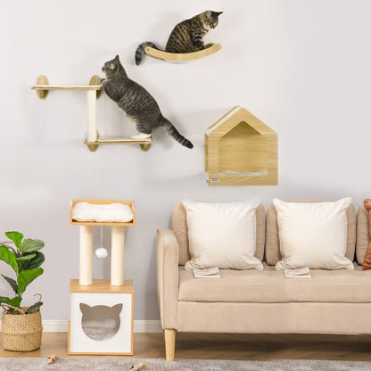 Pawhut Conjunto De Casa Para Gatos Y Estantes Para Gatos 35x35x81 Cm Roble_1