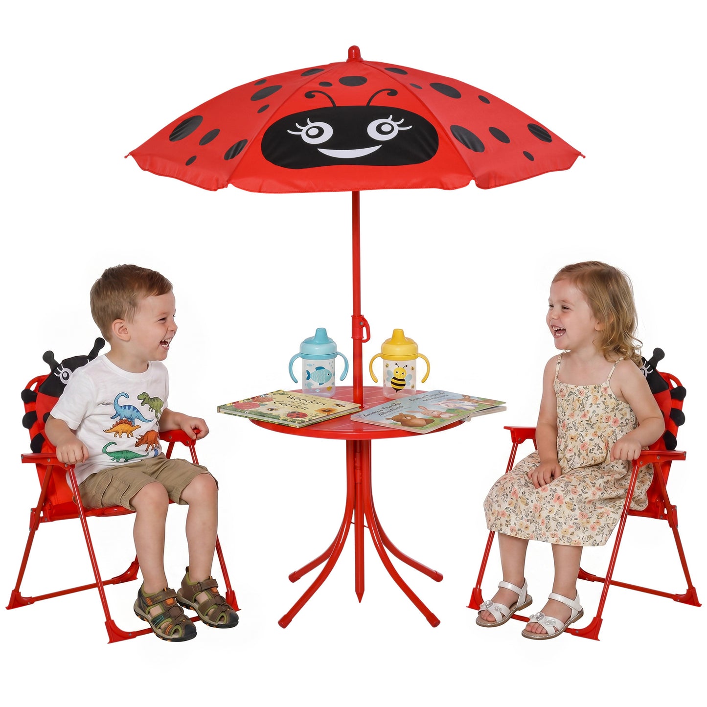 Outsunny Mesa Y Sillas Infantil De Jardín Plegable Con Sombrilla Ajustable Rojo_0
