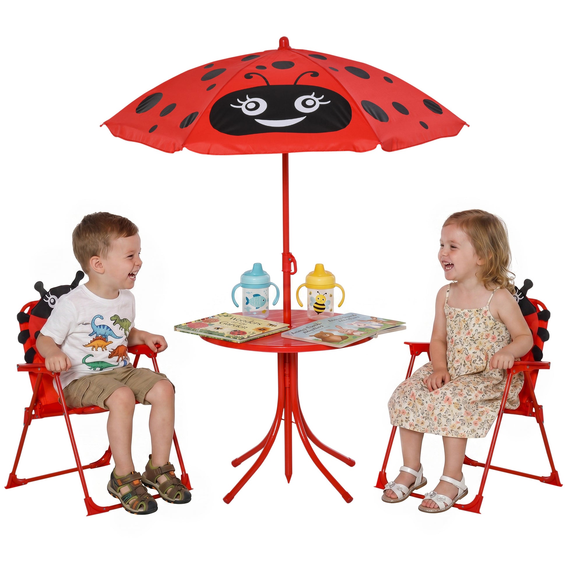 Outsunny Mesa Y Sillas Infantil De Jardín Plegable Con Sombrilla Ajustable Rojo_0