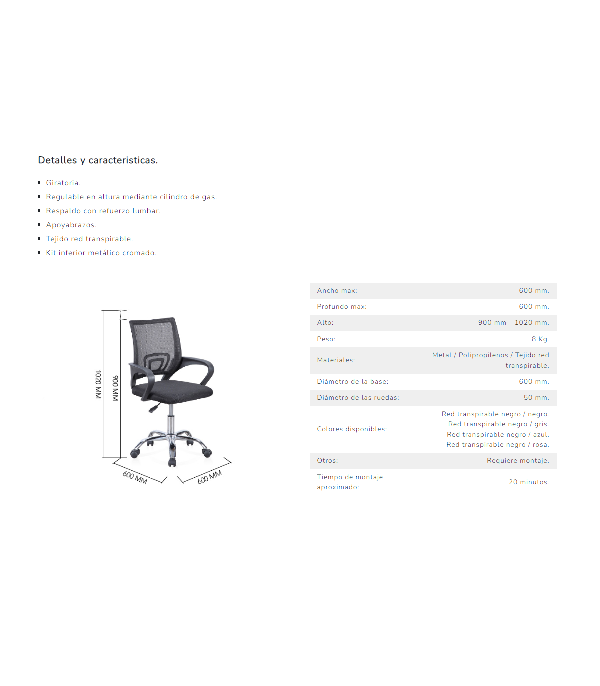 Silla De Escritorio Giratoria Vita Acabado Negro/gris, 90/102 Cm(alto)60 Cm(ancho)60 Cm(la_2