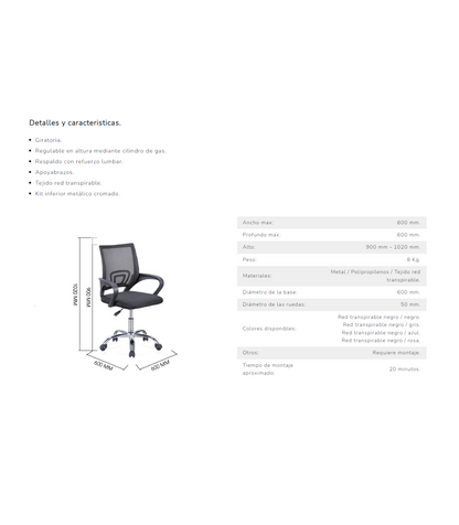 Silla De Escritorio Giratoria Vita Acabado Negro/gris, 90/102 Cm(alto)60 Cm(ancho)60 Cm(la_2