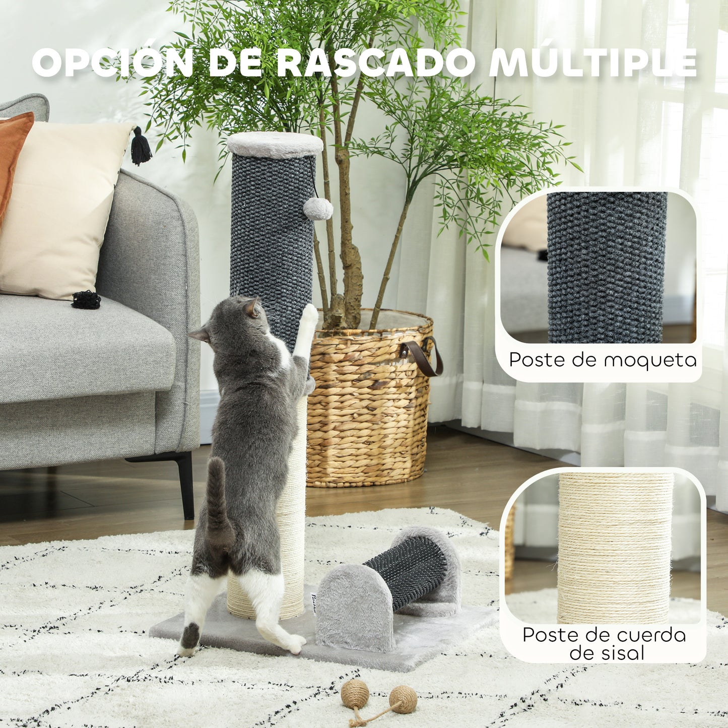 Pawhut Poste Rascador Para Gatos 85 Cm Con Cepillo De Auto Acicalado Gris Crema_4