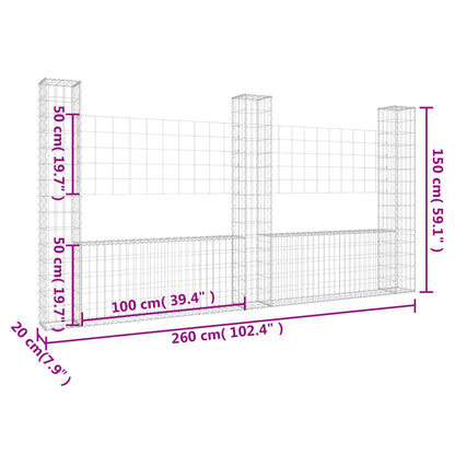 Cesta De Gaviones Forma De U 3 Postes De Hierro 260x20x150 Cm / Vetonek_5