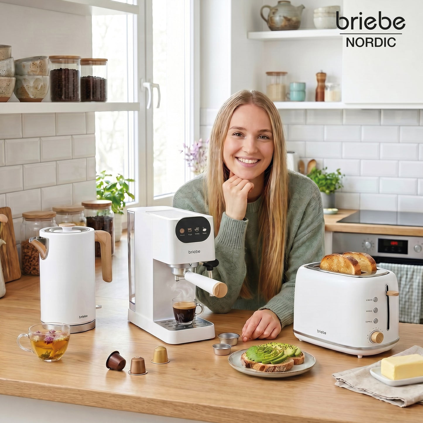 Briebe Nordic Set Cafetera Espresso 20 Bares, Tostadora Pan 2 Rebanadas, Hervidor Eléctrico Agua 1,7l,skt1209wht,blanco_1