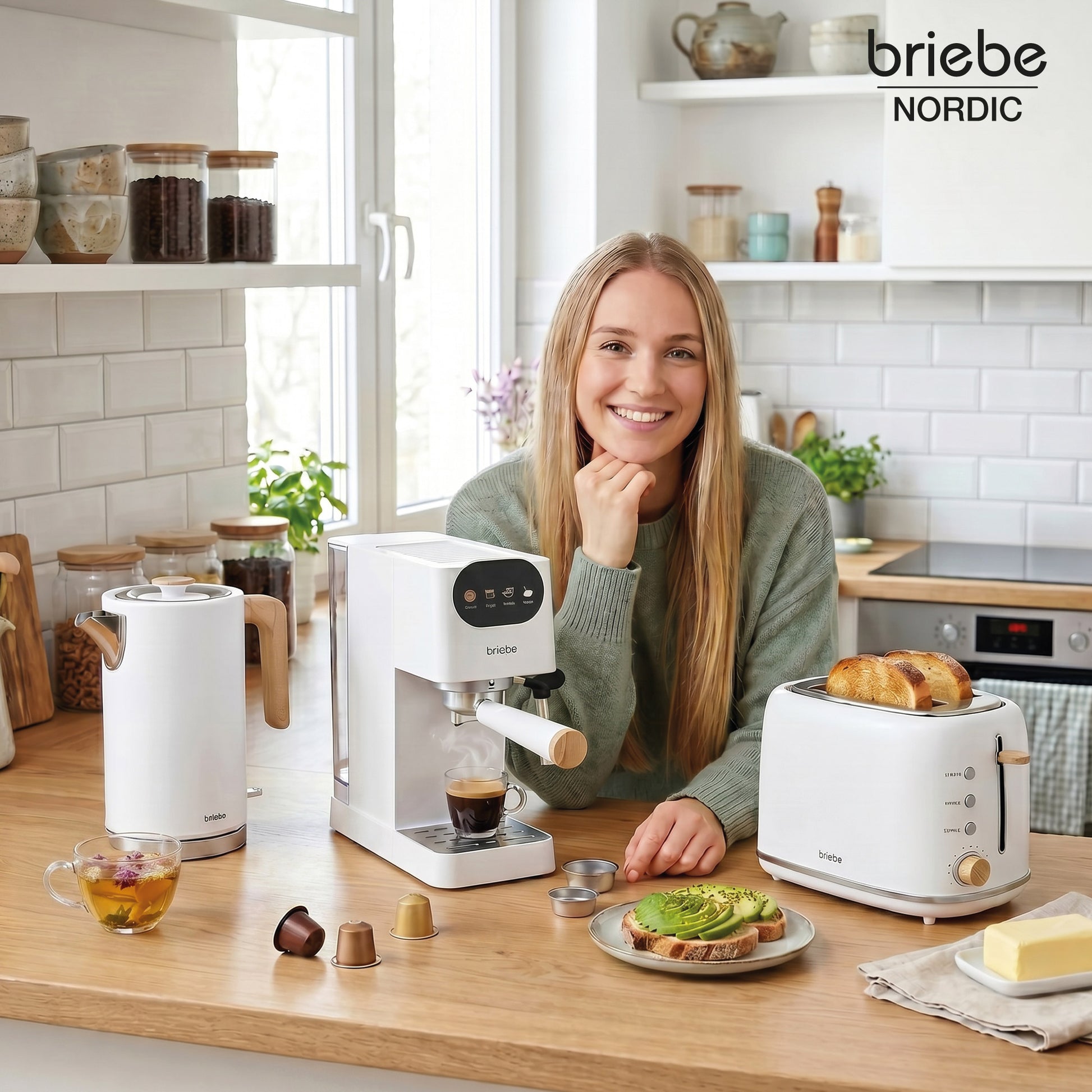 Briebe Nordic Set Cafetera Espresso 20 Bares, Tostadora Pan 2 Rebanadas, Hervidor Eléctrico Agua 1,7l,skt1209wht,blanco_1