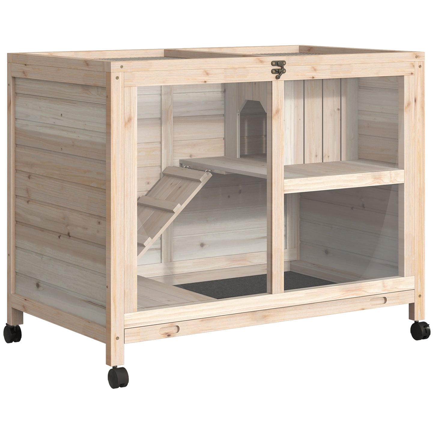 Pawhut Conejera De Madera Con Ruedas 91,5x53,3x73 Cm Techo Abatible Bandeja_0