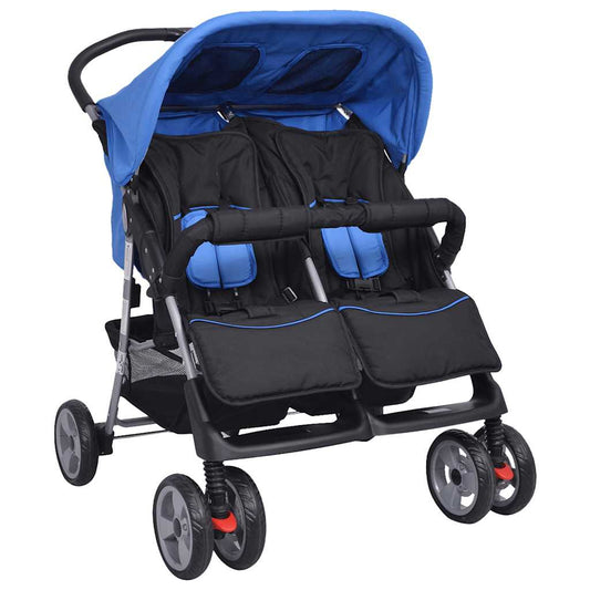 Vidaxl Cochecito Gemelar De Acero Azul Y Negro_0