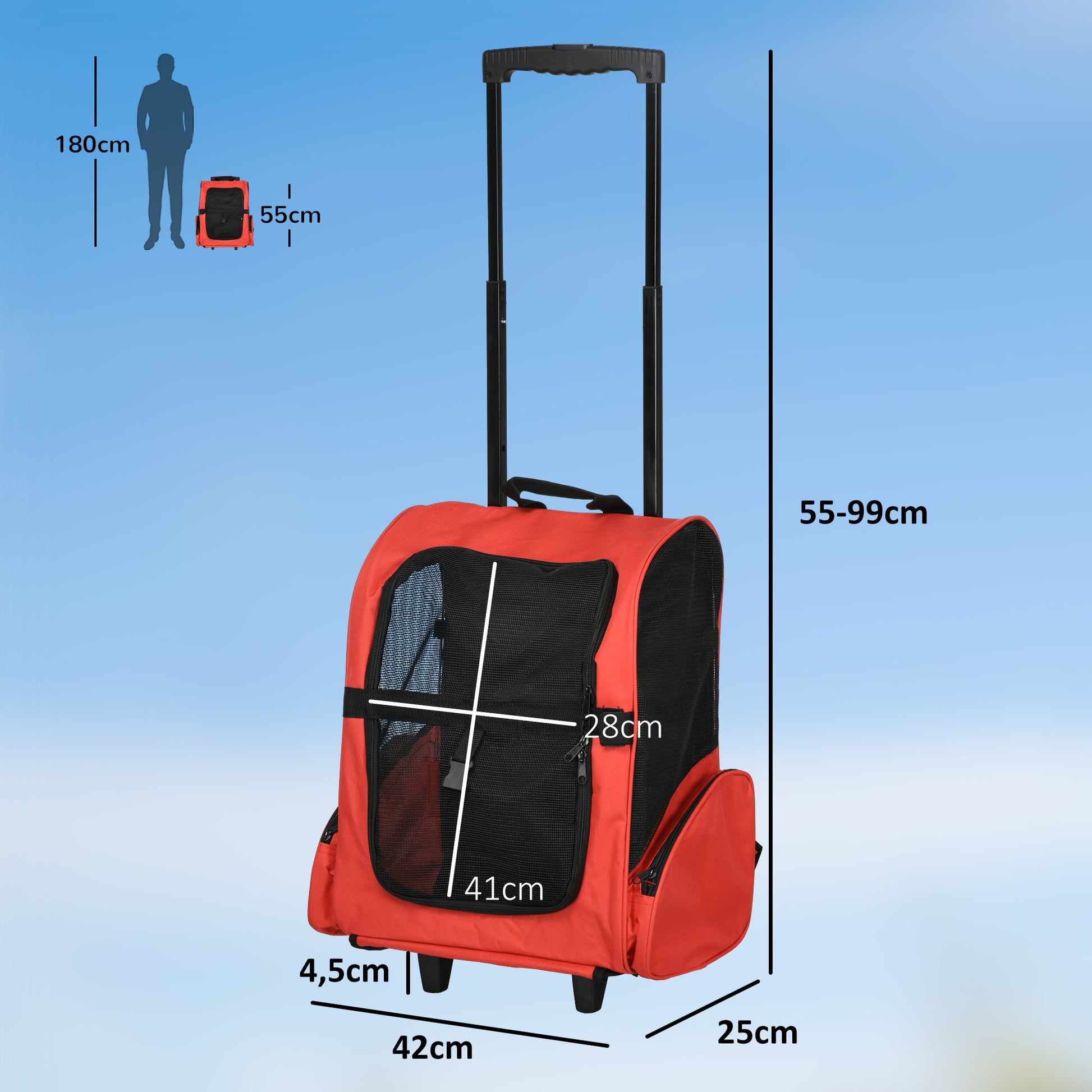 Pawhut Transportín 2 En 1 Para Mascotas Carrito Mochila Ruedas 42x25x55 Cm Rojo_2