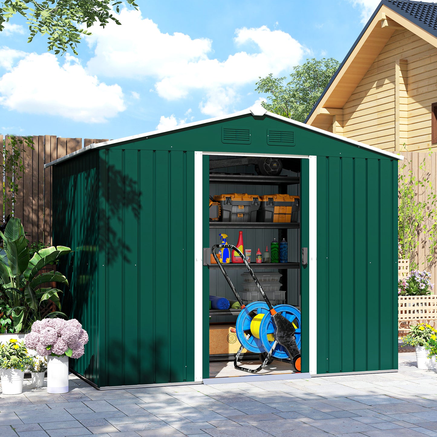 Outsunny Caseta De Jardín 3,6m² 236x174x190 Cm Con Puertas Correderas 4 Ventanas_4