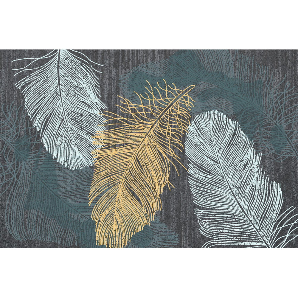 Alfombra Salón, Alfombra Dormitorio Pelo Suave Con Motivo De Plumas Azul Oro 80x120cm- Decoración- Mobiliario Del Hogar_0