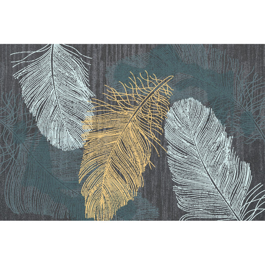Alfombra Salón, Alfombra Dormitorio Pelo Suave Con Motivo De Plumas Azul Oro 80x120cm- Decoración- Mobiliario Del Hogar_0