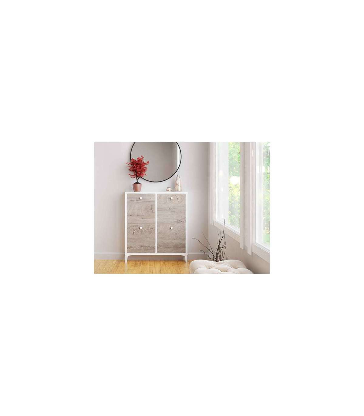 Zapatero Cuatro Trampones En Blanco Y Roble. 90 Cm(ancho) 100 Cm(altura) 18 Cm(fondo)_3