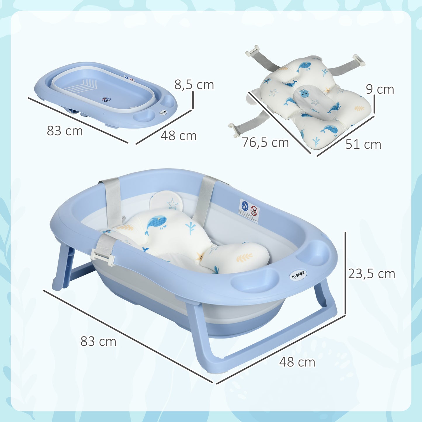 Zonekiz Bañera Plegable Bebé Con Cojín Agujero De Ducha 83x48x23,5 Cm Azul_2