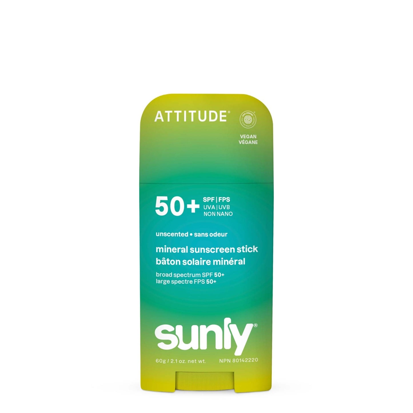 Mineral sunscreen Stick Face & Body SPF 50 unscented Attitude Sunly 60 g