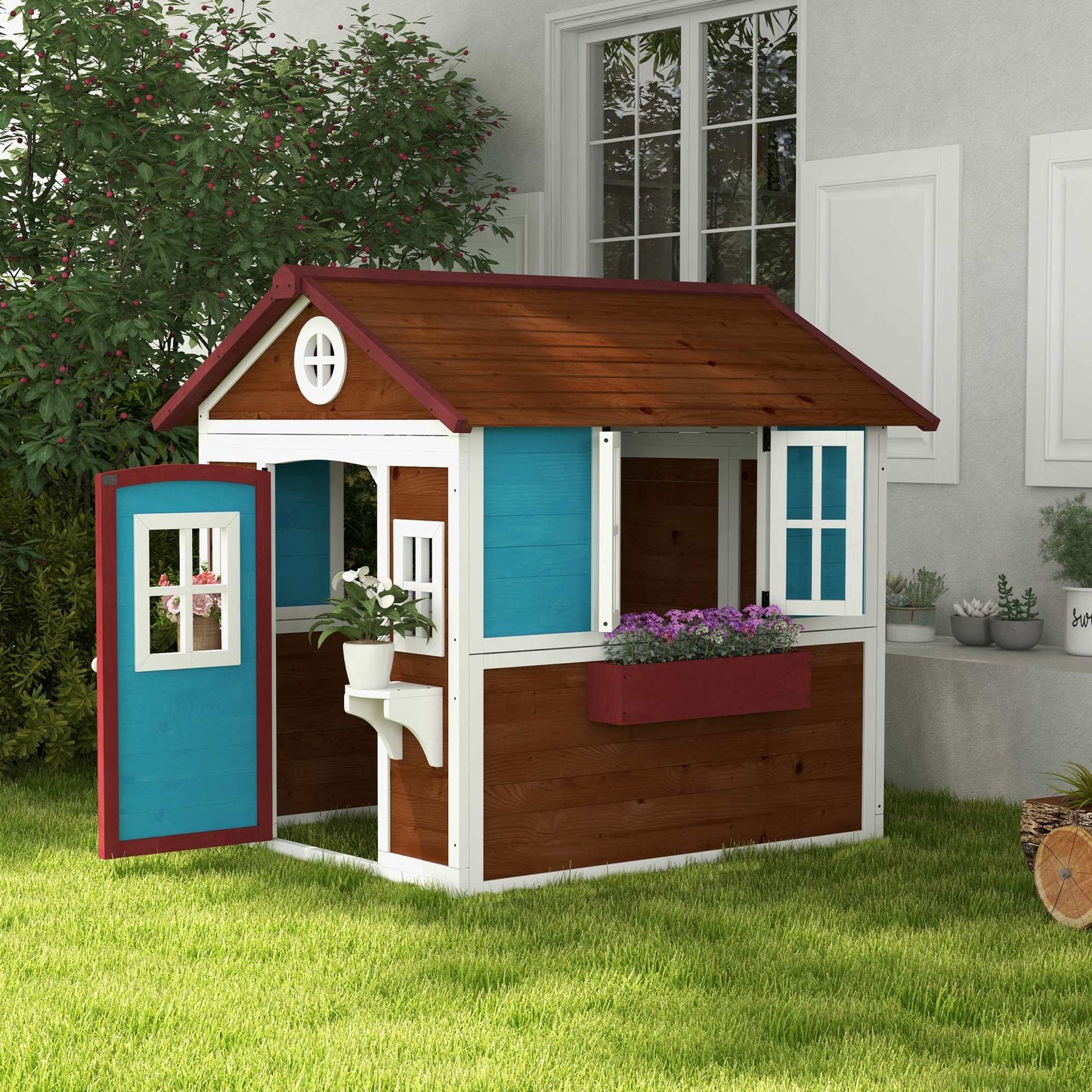 Outsunny Casa De Jardín Infantil Con Jardineras 114x126,4x135 Cm Marrón Oscuro_1