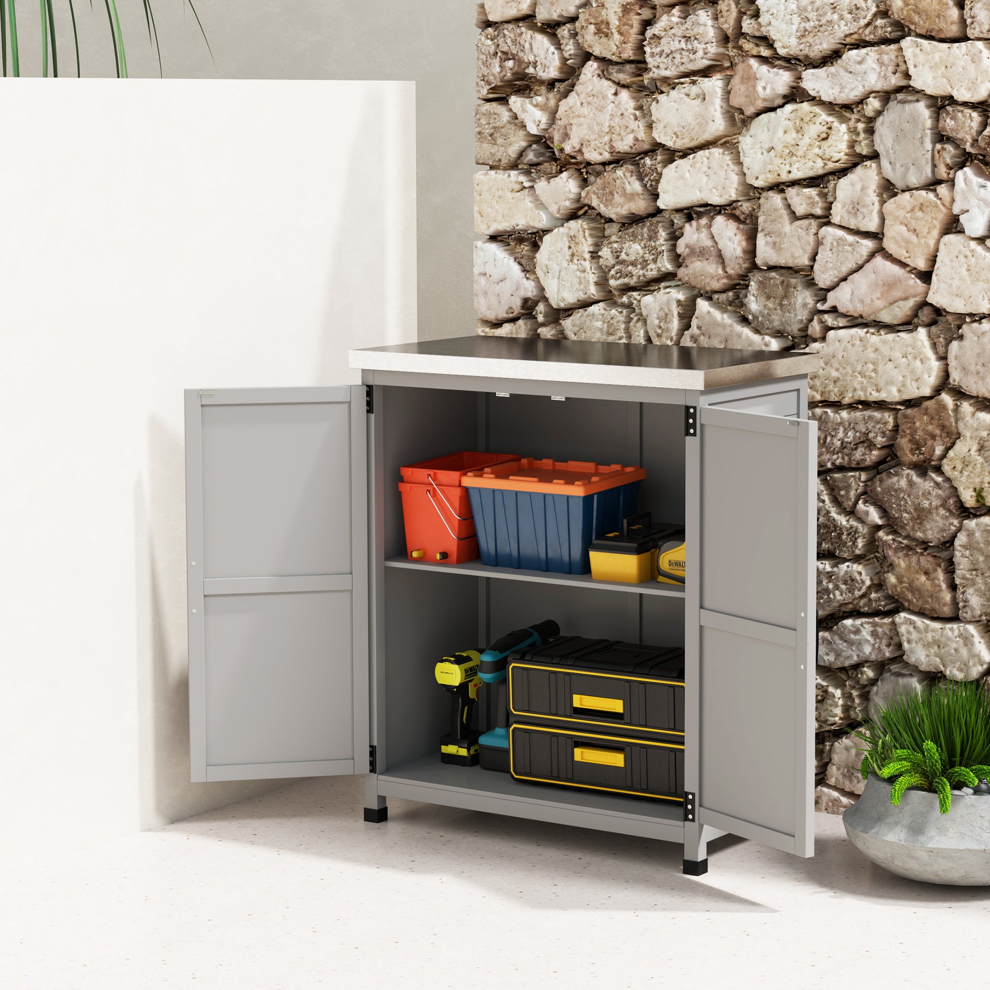 Outsunny Caseta De Jardín De Madera Con Techo De Acero Y 2 Puertas Gris_3