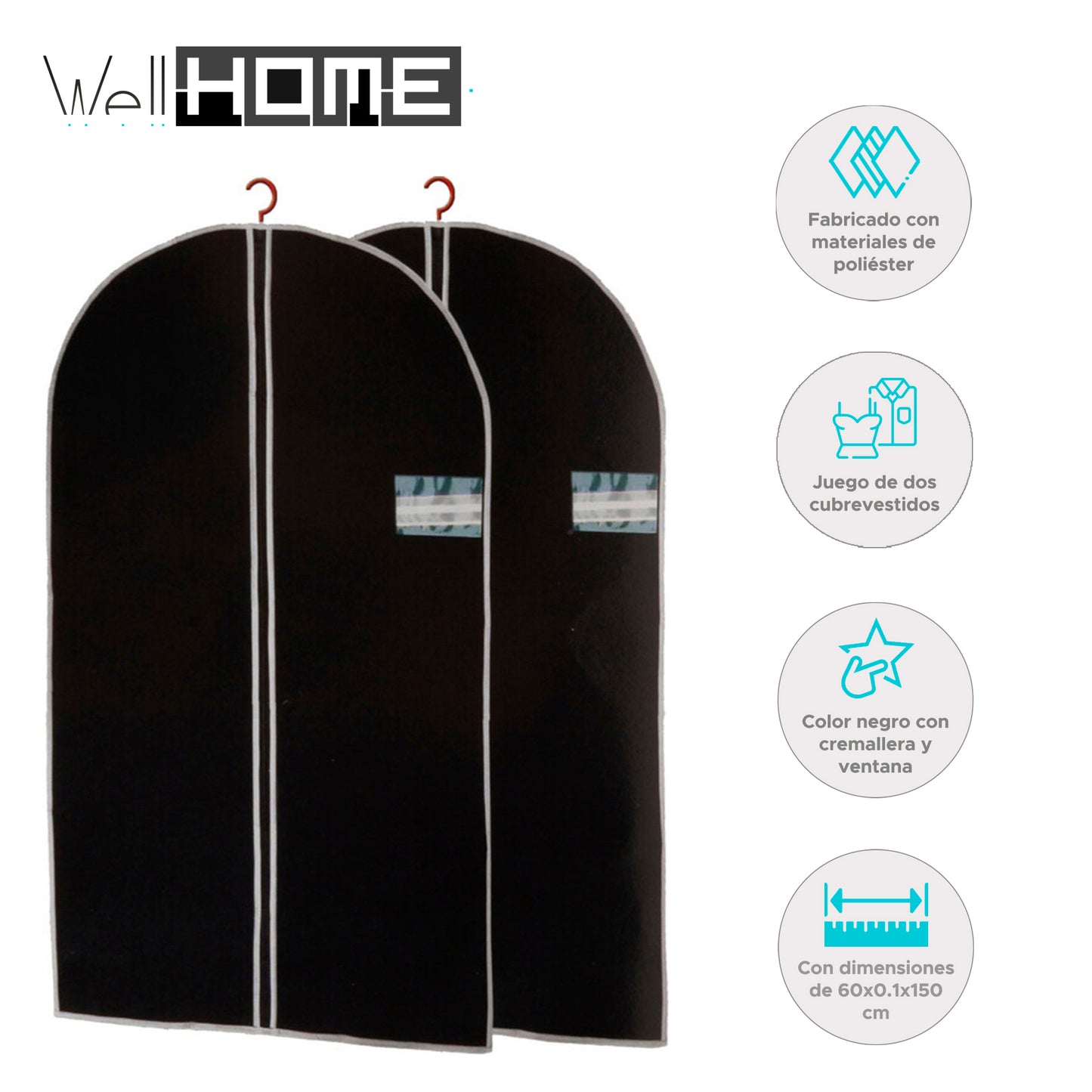 Well Home Juego De 2 Cubrevestidos De Tnt 45g, Tamaño 60x150cm, Negro Con Cremallera Y Ventana Pe