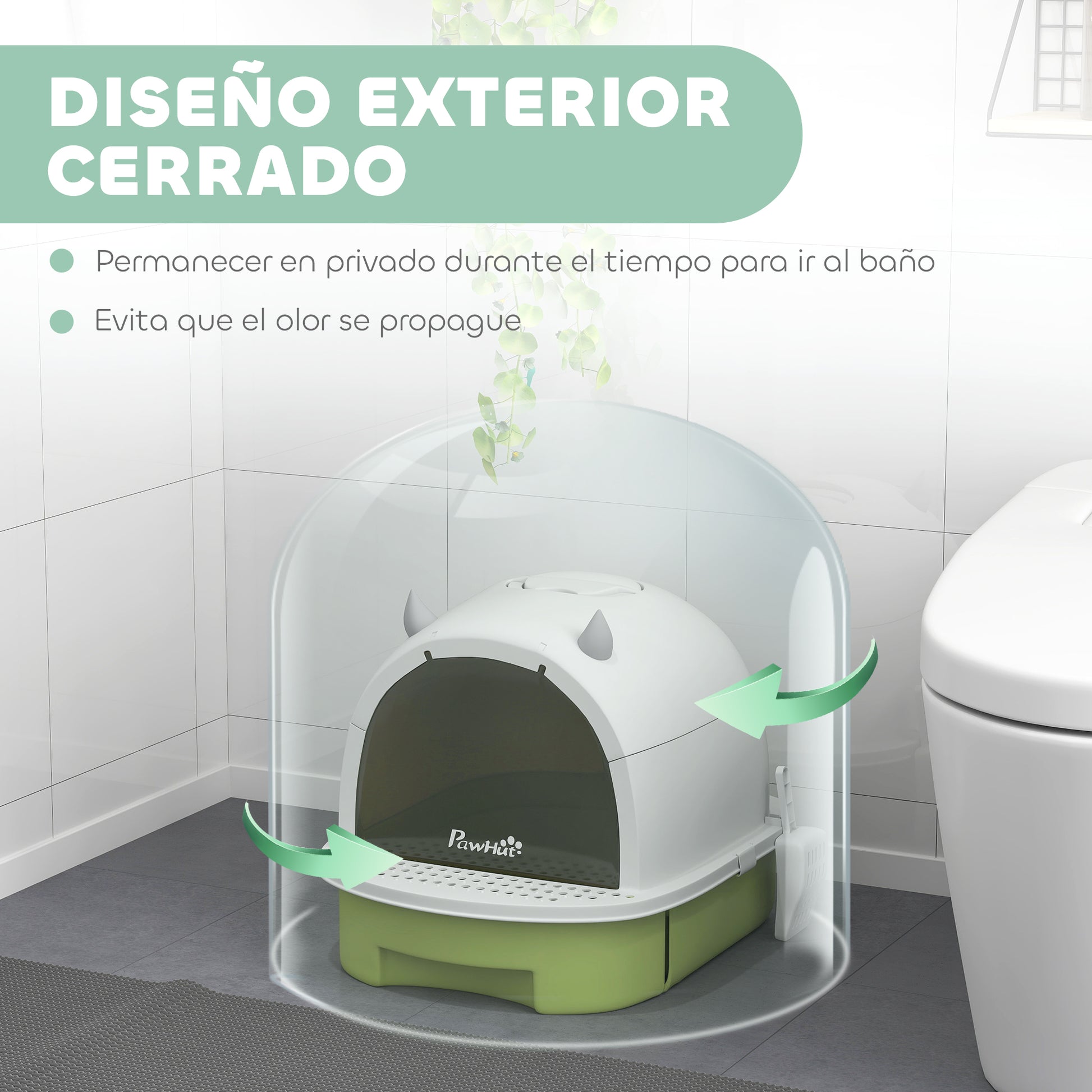 Pawhut Arenero Para Gatos Cubierto Con Bandeja Pala Y Asa Blanco Y Verde_3