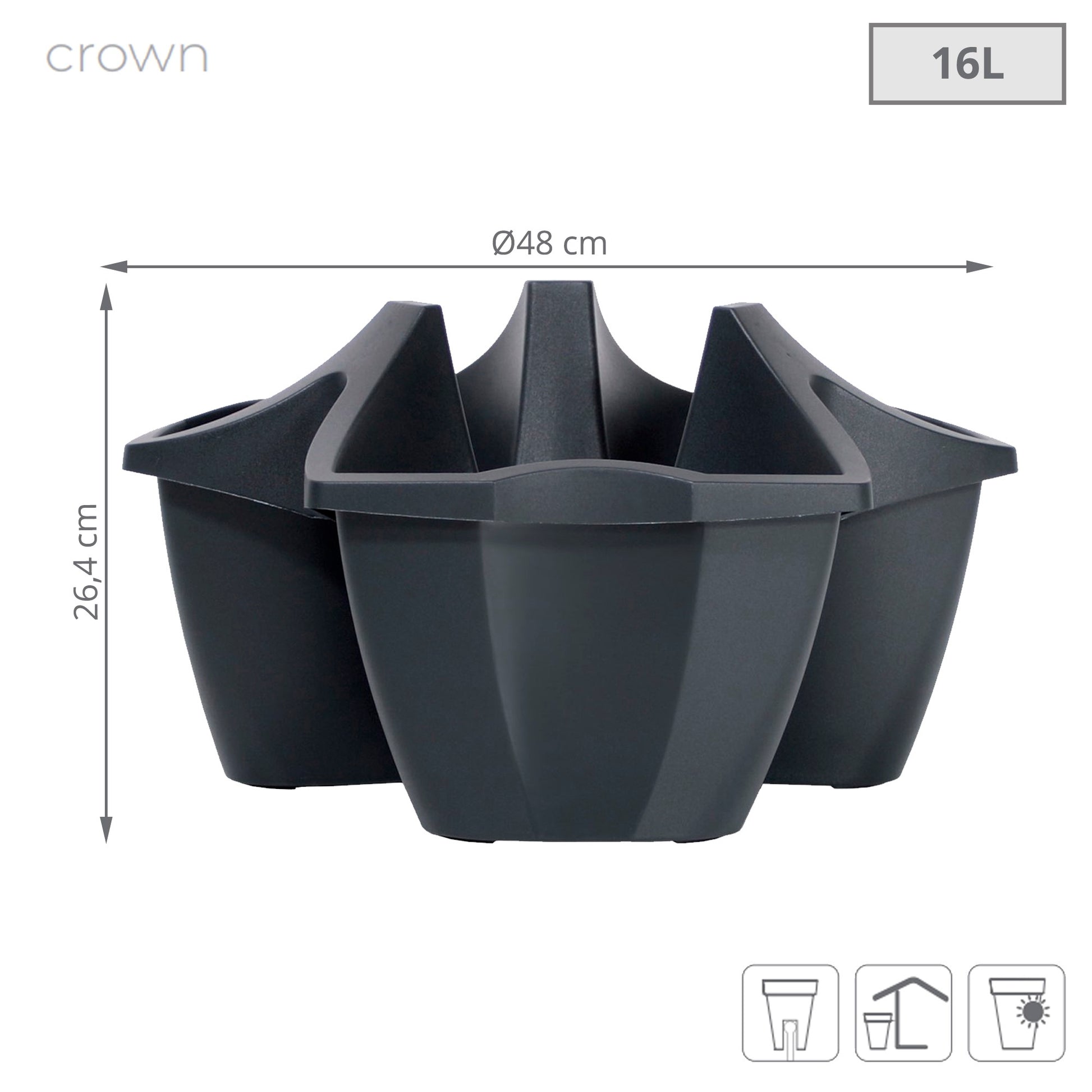Maceta Crown 16l., Dimensiones (mm) 480x480x264, Color Antracita_2