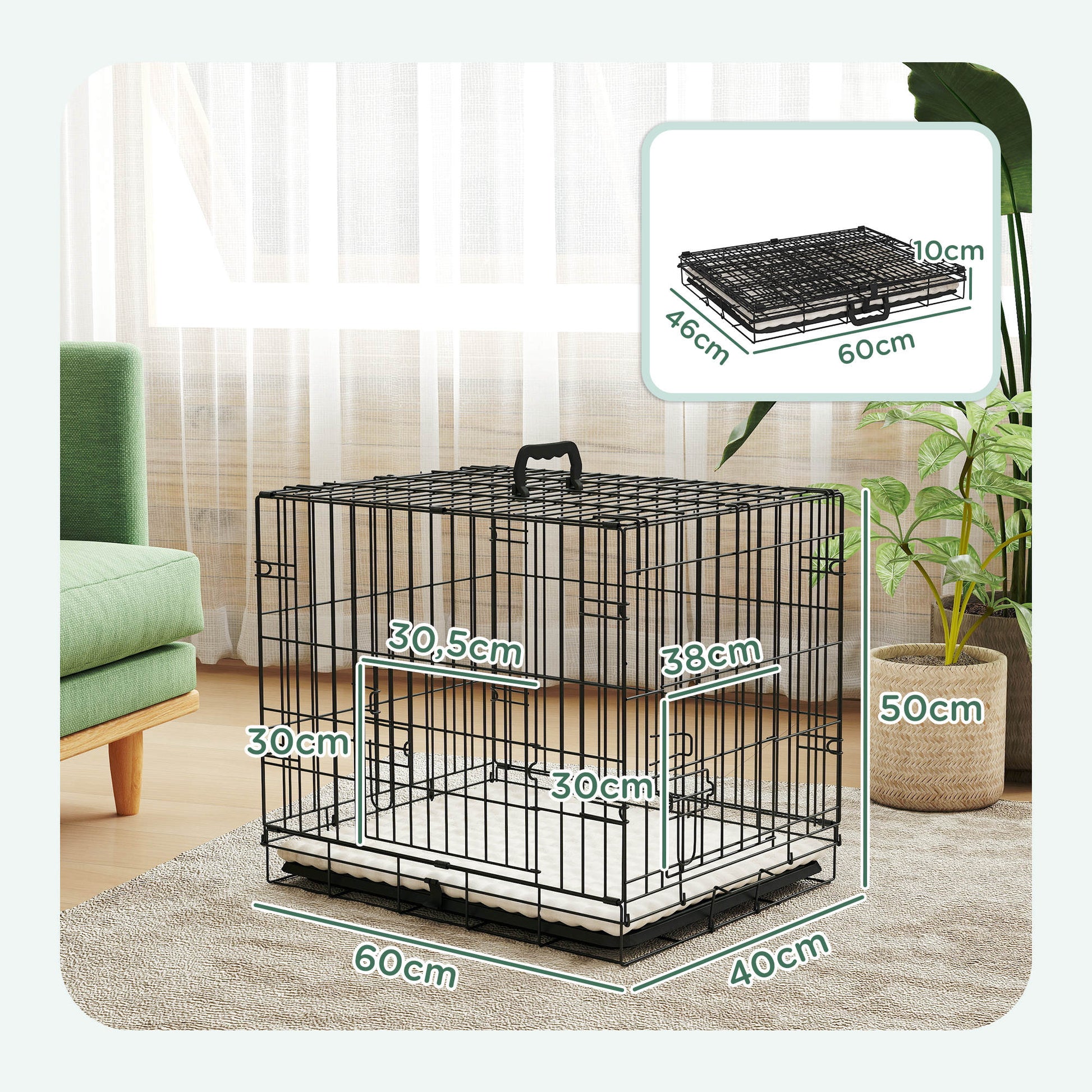 Pawhut Jaula Para Perros Con Cojín Bandeja Extraíble 60x45x50 Cm Negro Y Beige_2