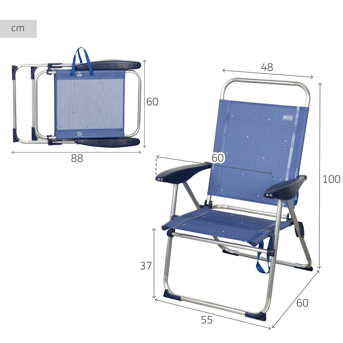 Aktive Pack 2 Sillas Plegables Playa 48x60x100 Cm Azul 4 Posiciones_3
