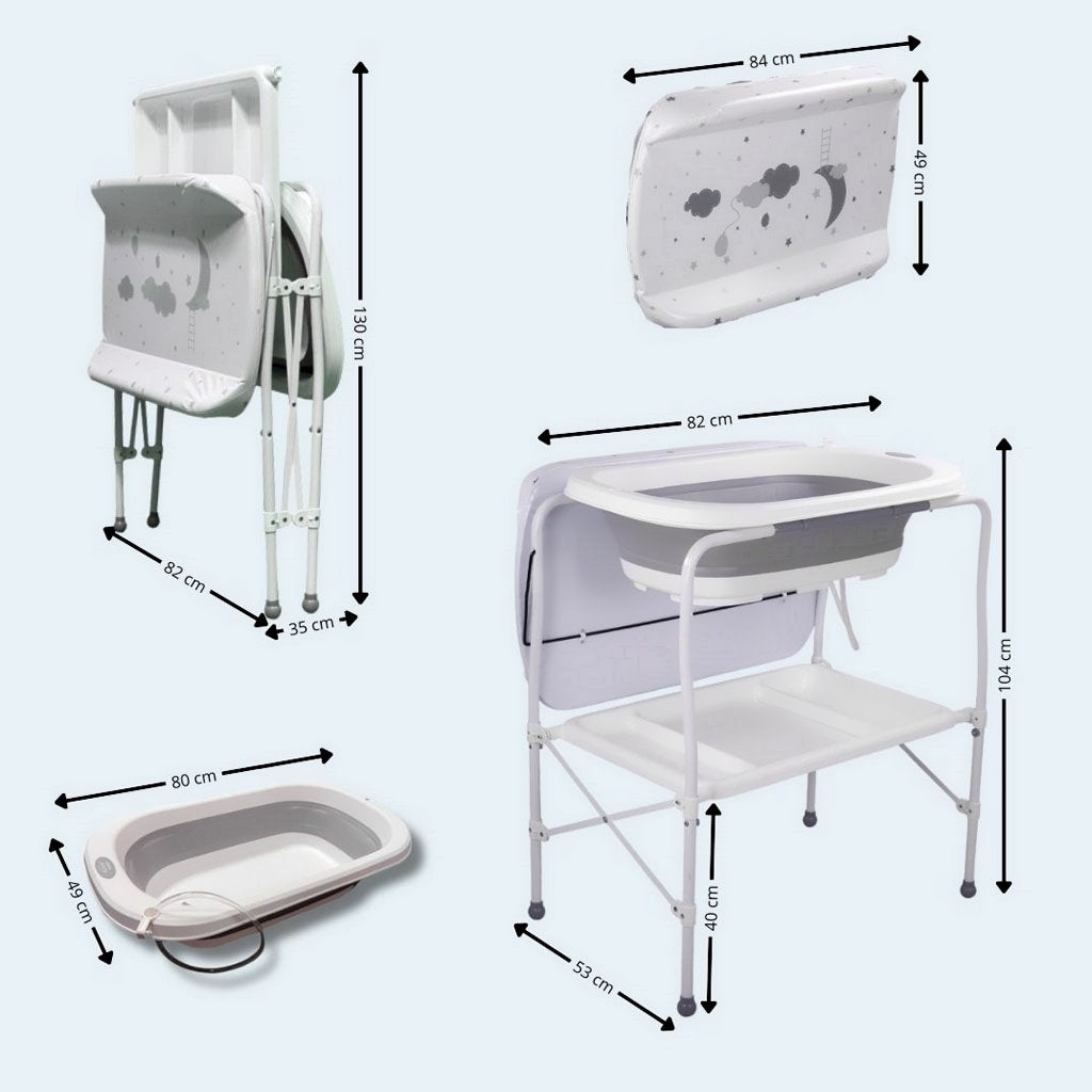 Bathby | Bañera Bebé 5 En 1 Plegable Con Soporte, Cambiador, Bandejas, Desagüe (gris Standard)