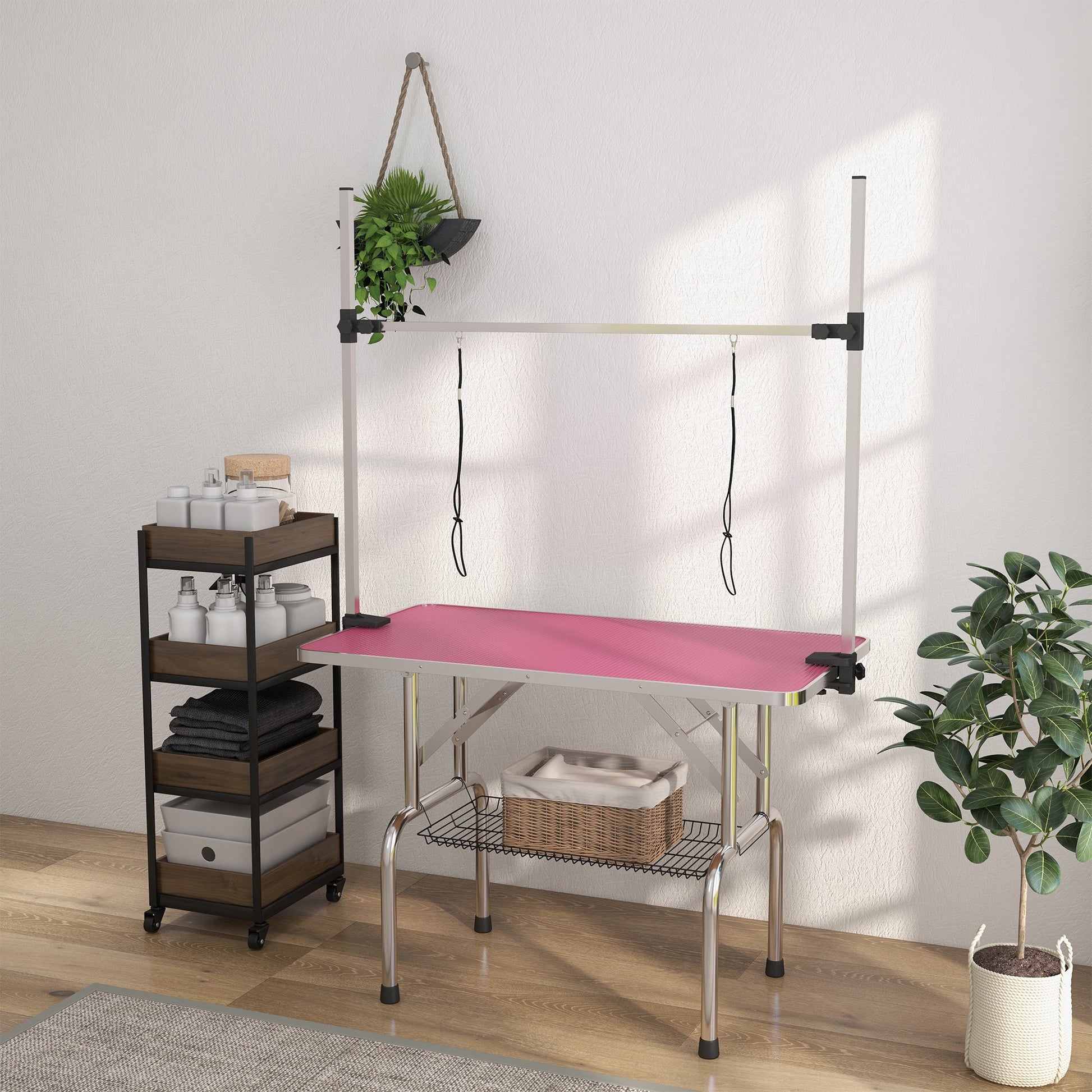 Pawhut Mesa De Peluquería Canina Plegable Con Cesta Metálica 107x60x164 Cm Rosa_4