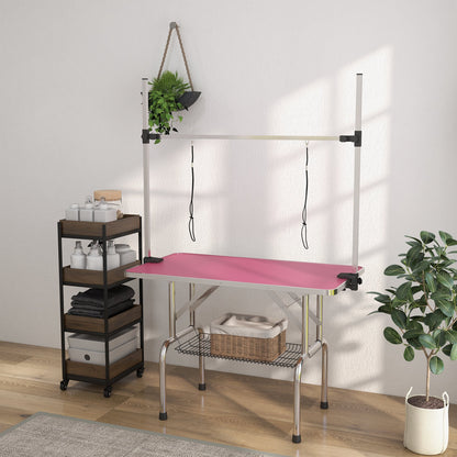 Pawhut Mesa De Peluquería Canina Plegable Con Cesta Metálica 107x60x164 Cm Rosa_4