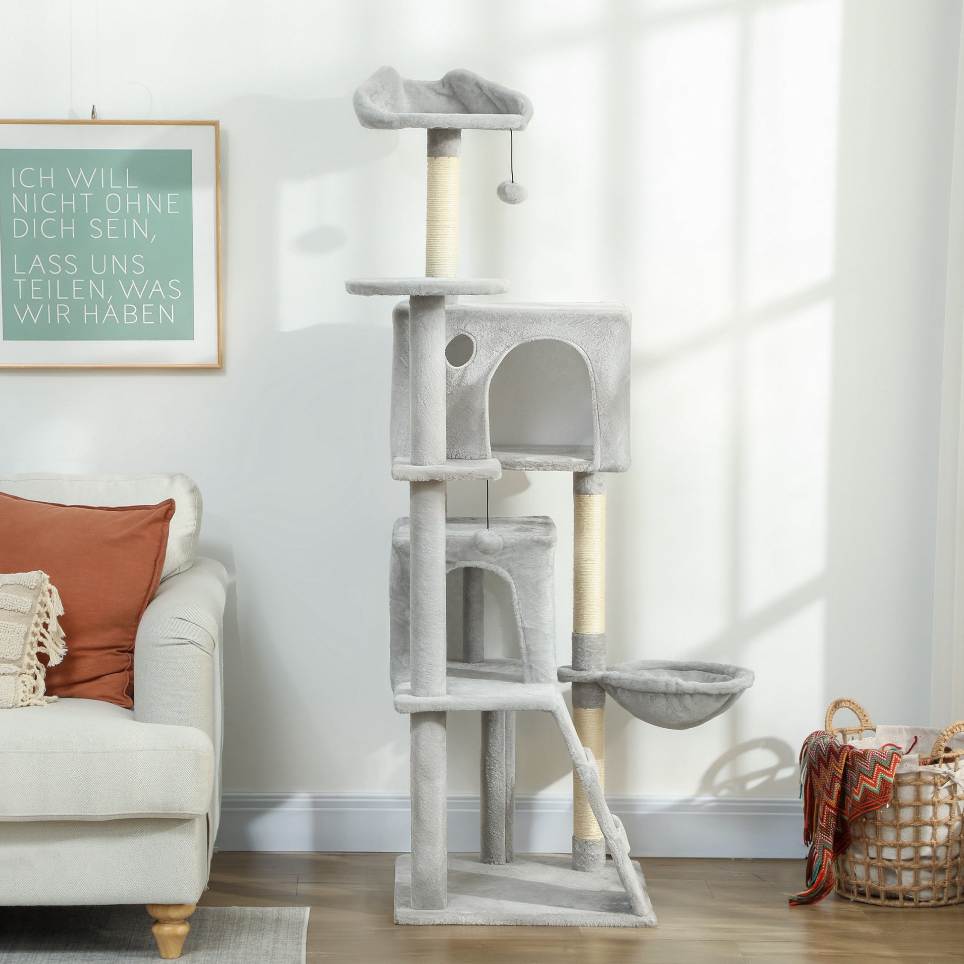 Pawhut Árbol Rascador Para Gatos 160 Cm Con Múltiples Plataformas Gris Claro_1