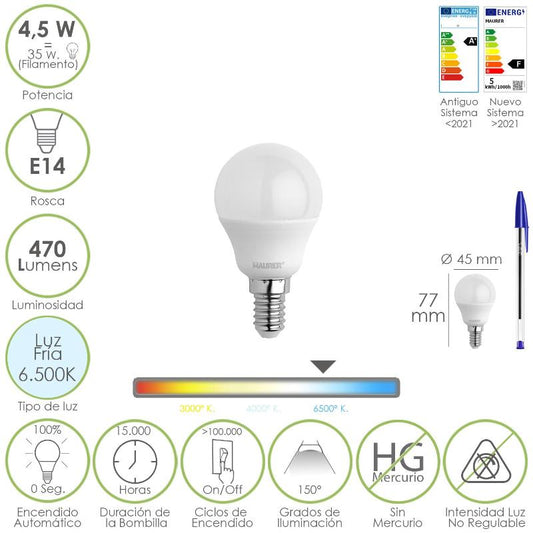 Bombilla Led Esferica Rosca E14 4.5 Watt. Equivale A 35 Watt. 470 Lumenes. Luz Fria (6500º K)