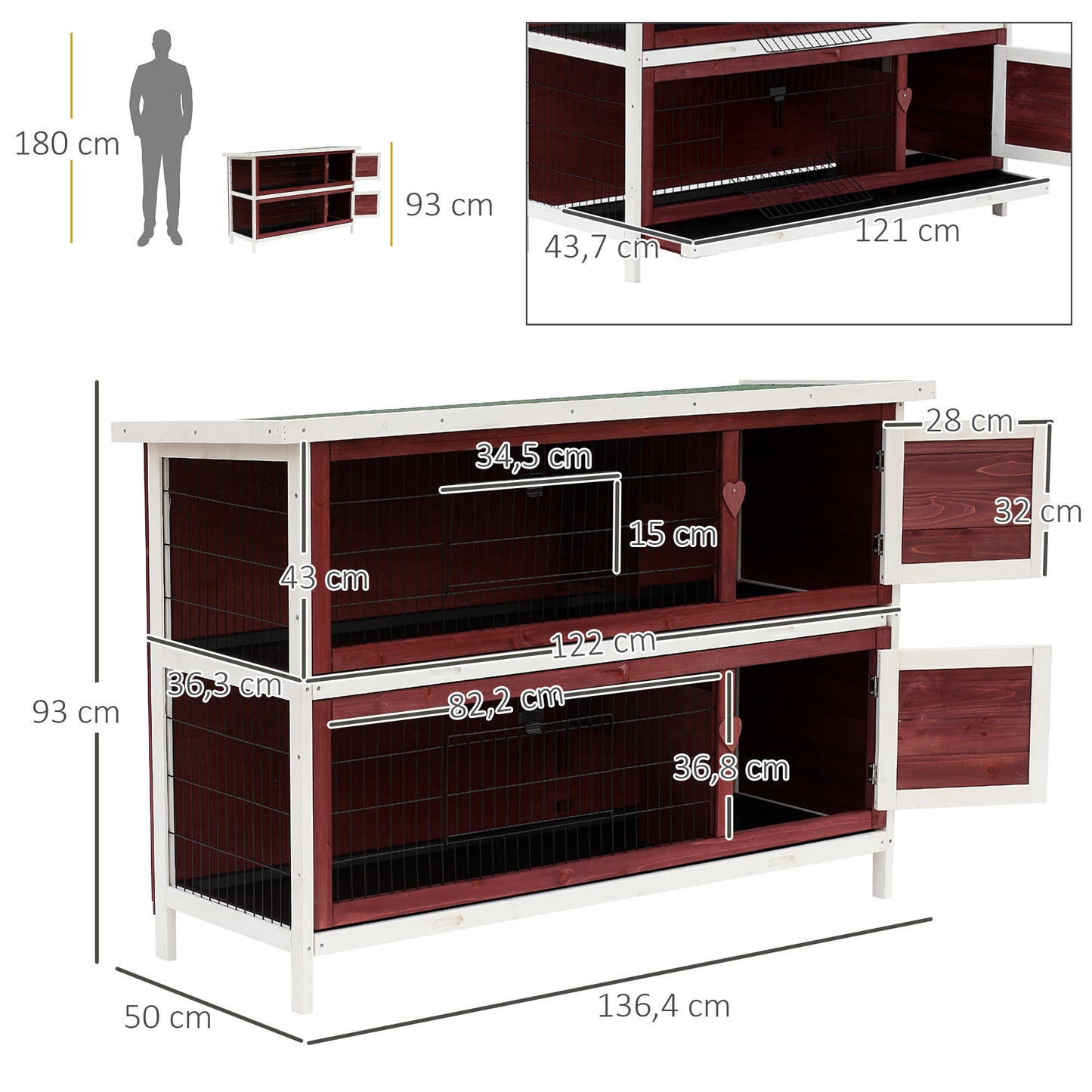 Pawhut Conejera De Madera Exterior Con Techo Abatible Y Bandejas 136,4x50x93 Cm_2