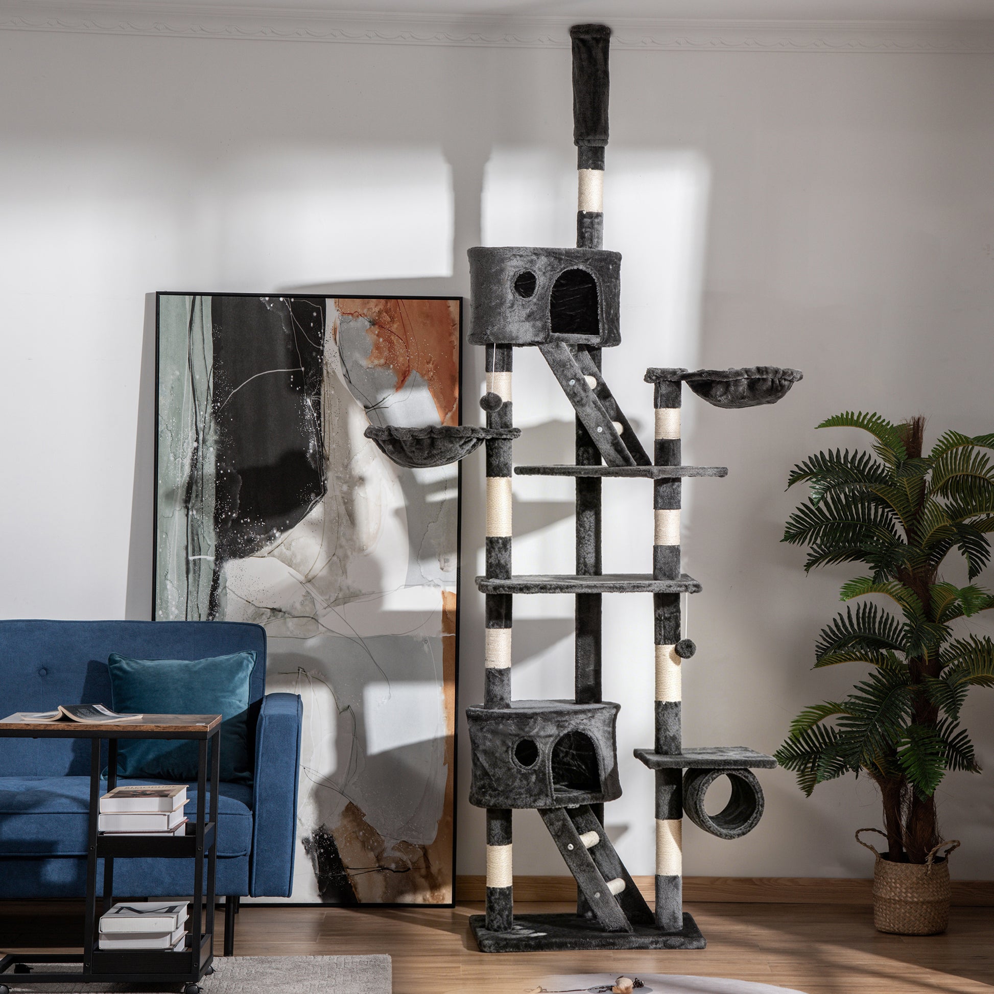 Pawhut Árbol Rascador Para Gatos 60x45x240-260 Cm Altura Ajustable Plataformas_1