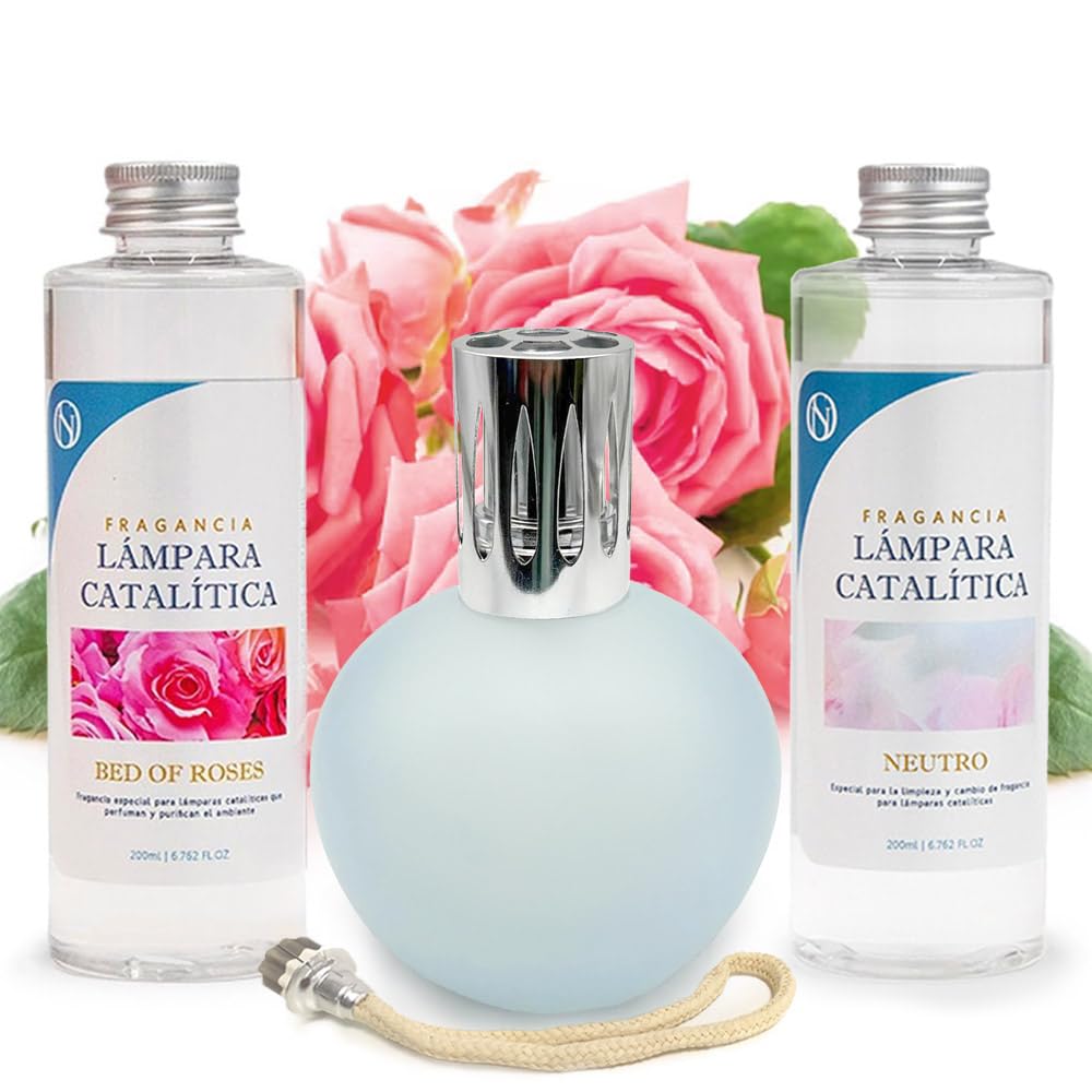 Pack Lámpara Catalítica Azul Grisáceo Mate + Fragancia Bed Of Roses 200ml + Limpiador Neutro 200ml + Mecha Repuesto_0