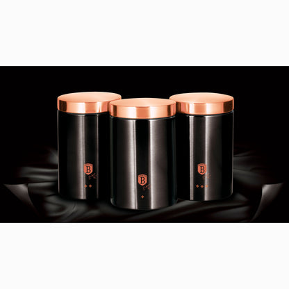 Set 3 Botes Cocina Almacenaje Acero Inoxidable, Diseño Moderno, Ø11x17,8cm Especias, Té ,café Berlinger Haus Black Rose, Oro Rosado/negro