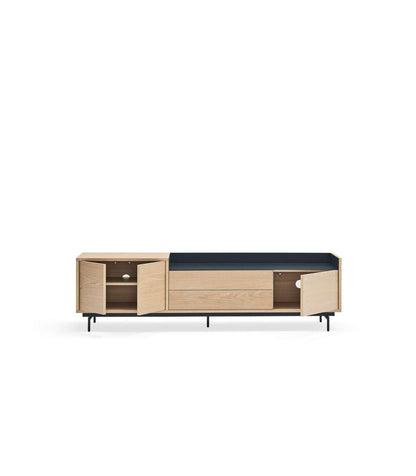 Mueble Para Televisión Modelo Valley 3 Puertas 2 Cajones Acabado Roble/azul Oscuro, 40cm(_2