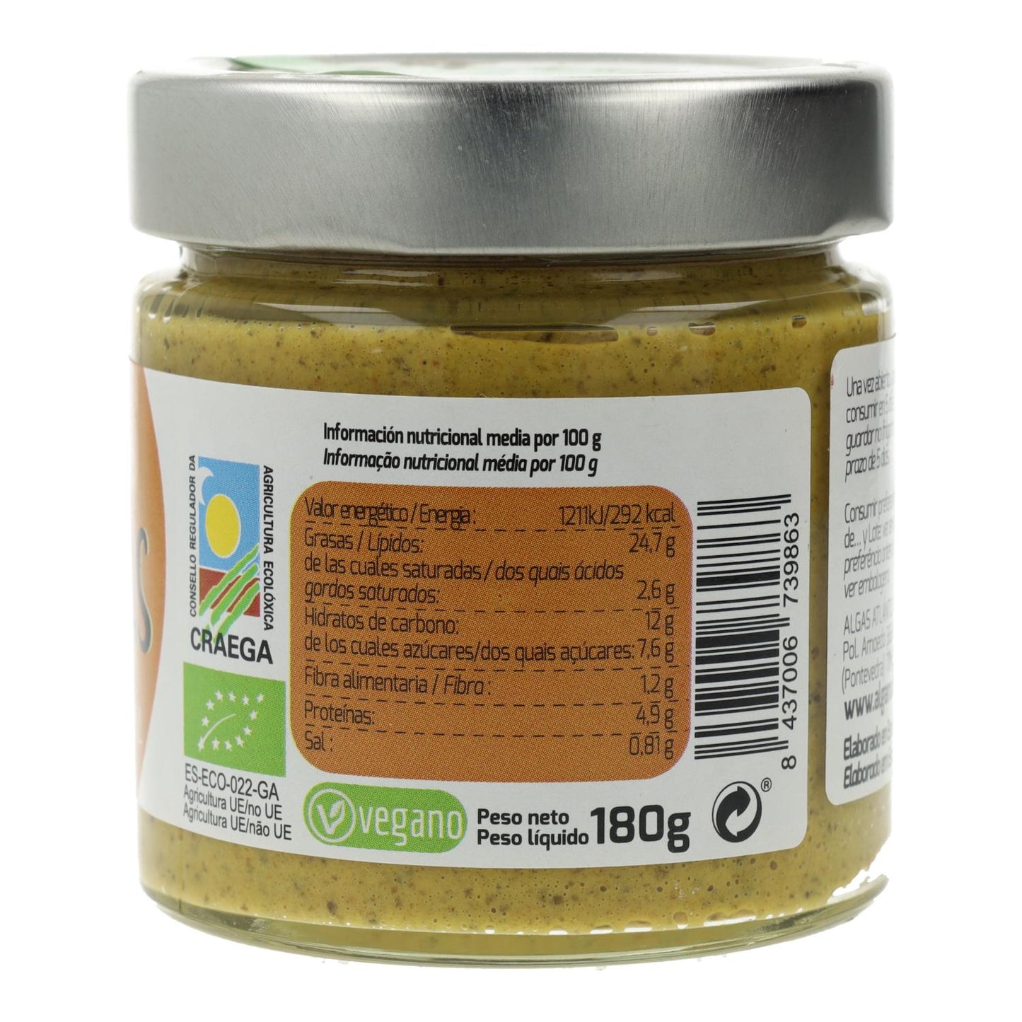 Paté vegetal Algas, Zanahoria y Cúrcuma Algamar 180 g